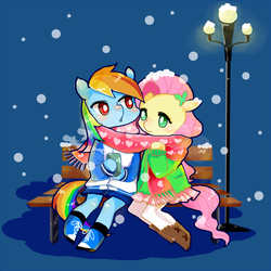 Size: 1200x1200 | Tagged: safe, artist:scorpiyo, fluttershy, rainbow dash, semi-anthro, g4, bench, clothes, drink, female, lesbian, outdoors, pixiv, scarf, shared clothing, shared scarf, ship:flutterdash, shipping, sitting, snow, snowfall, winter