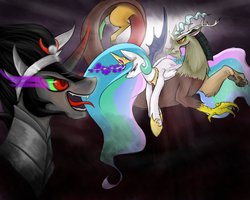 Size: 999x799 | Tagged: safe, artist:santagiera, discord, king sombra, princess celestia, g4, bevor, celestia gets all the stallions, clothes, crown, dark, dark magic, helmet, jewelry, magic, peytral, regalia, shoes, sombra eyes, tiara