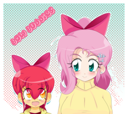 Size: 1500x1335 | Tagged: safe, artist:stalemeat, apple bloom, fluttershy, human, g4, bow, clothes, duo, humanized, light skin, sweater, sweatershy