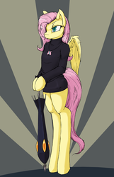 Size: 1893x2937 | Tagged: safe, artist:vicmanone, fluttershy, pegasus, semi-anthro, g4, bipedal, crossover, female, parasoul, skullgirls, solo, umbrella