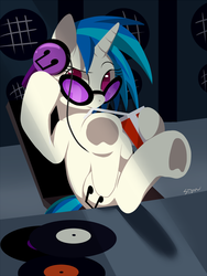 Size: 1200x1600 | Tagged: dead source, safe, artist:sion, dj pon-3, vinyl scratch, g4, cute, cutie mark headphones, drink, female, headphones, hooves, hooves on the table, looking at you, sitting, solo, underhoof, vinylbetes