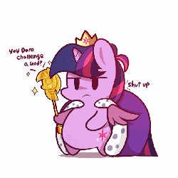 Size: 600x600 | Tagged: safe, artist:php56, twilight sparkle, alicorn, pony, g4, princess twilight sparkle (episode), season 4, angry, animated, bipedal, cape, chibi, clothes, crown, cute, cutie mark, dialogue, female, frown, gif, horn, jewelry, madorable, mane, mare, multicolored hair, pink hair, purple hair, regalia, scepter, simple background, solo, sparkles, standing, twiabetes, twilight scepter, twilight sparkle (alicorn), twilight sparkle is not amused, unamused, white background, wings