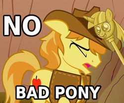 Size: 528x441 | Tagged: safe, edit, edited screencap, screencap, braeburn, g4, over a barrel, princess twilight sparkle (episode), abuse, bad pony, blatant lies, braebuse, cropped, image macro, male, ouch, reaction image, solo, swatting, twilight scepter