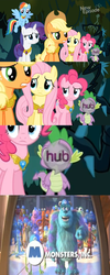 Size: 500x1253 | Tagged: safe, applejack, fluttershy, pinkie pie, rainbow dash, rarity, spike, dragon, earth pony, pegasus, unicorn, g4, princess twilight sparkle (episode), season 4, elements of harmony, horn, hub logo, james p. sullivan, mike wazowski, monsters inc., spoiler, the hub