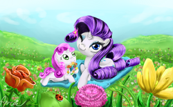 Size: 4000x2480 | Tagged: safe, artist:fyrloczek, rarity, sweetie belle, g4, flower, sisters