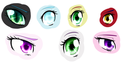 Size: 1325x684 | Tagged: safe, artist:astrequin, princess cadance, princess celestia, queen chrysalis, sweetie belle, oc, oc:primrose, oc:snowdrop, g4, eyes