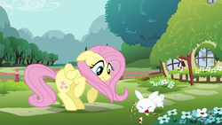 Size: 1920x1080 | Tagged: safe, screencap, angel bunny, discord, fluttershy, g4, season 4, apple, eating, fluttershy's cottage, intro, looking out the window, opening, theme song, title sequence, window