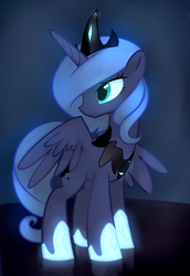 Size: 3000x4372 | Tagged: dead source, safe, artist:aaplepieeru, princess luna, alicorn, pony, g4, female, glowing, high res, jewelry, looking back, mare, regalia, s1 luna, smiling, solo, standing