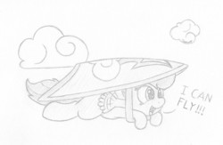Size: 2000x1300 | Tagged: safe, artist:ramott, scootaloo, pegasus, pony, g4, buzzing wings, female, flying contraption, hang glider, hang gliding, monochrome, rainbow dash's cutie mark, scootaloo can fly, sketch, solo, wings