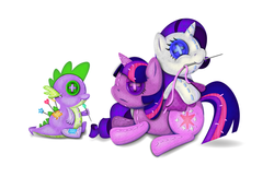 Size: 5100x3300 | Tagged: safe, artist:thebubbleqat, rarity, spike, twilight sparkle, alicorn, dragon, pony, unicorn, g4, button eyes, doll, female, gem, heart, holding, male, mare, moon, mouth hold, needle, pin, pincushion, pincushion spike, plushie, rarity plushie, sewing, sewing needle, spike plushie, stars, thread, trio, twilight sparkle (alicorn), twilight sparkle plushie