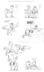 Size: 1008x1656 | Tagged: safe, artist:baron engel, blossomforth, rainbow dash, oc, oc:sky brush, pegasus, pony, g4, cloud, comic, fanfic, female, flying, goggles, male, mare, monochrome, nudity, pencil drawing, sheath, stallion, traditional art, vomit, vomiting, weather