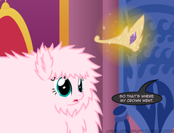 Size: 650x500 | Tagged: safe, artist:mixermike622, oc, oc only, oc:fluffle puff, tumblr:ask fluffle puff, g4, dialogue, jewelry, magic, princess crown, royal throne room, single panel, solo, tiara