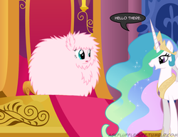 Size: 650x500 | Tagged: safe, artist:mixermike622, princess celestia, oc, oc:fluffle puff, g4, jewelry, princess crown, royal throne room, single panel, tiara