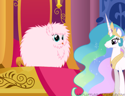 Size: 650x500 | Tagged: safe, artist:mixermike622, princess celestia, oc, oc:fluffle puff, g4, jewelry, princess crown, royal throne room, single panel, tiara