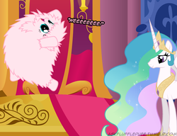 Size: 650x500 | Tagged: safe, artist:mixermike622, princess celestia, oc, oc:fluffle puff, g4, jewelry, princess crown, royal throne room, single panel, throne, tiara