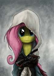 Size: 800x1133 | Tagged: safe, artist:hewison, fluttershy, g4, assassin's creed, assassin's creed iv black flag, clothes, crossover, edward kenway, female, gun, handgun, hood, pistol, solo, weapon
