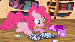 Size: 576x324 | Tagged: safe, screencap, pinkie pie, earth pony, pony, g4, princess twilight sparkle (episode), season 4, animated, coloring, coloring book, crayon, cute, diapinkes, element of laughter, female, gif, grin, mare, mouth hold, prone, smiling, solo, talking