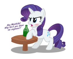 Size: 1533x1233 | Tagged: safe, artist:maishida, rarity, g4, artist, bipedal leaning, blushing, dialogue, drink, drunk, drunk rarity, female, solo, table