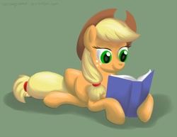 Size: 818x631 | Tagged: safe, artist:solitaryzombie, applejack, g4, book, female, prone, reading, solo