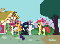 Size: 1024x744 | Tagged: safe, artist:vittorionobile, apple bloom, scootaloo, sweetie belle, oc, oc:nyx, fanfic:past sins, g4, bush, cutie mark crusaders, house, hug, mountain, tree