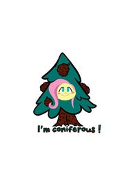 Size: 600x776 | Tagged: safe, artist:bunnimation, fluttershy, g4, clothes, costume, female, fluttertree, pine tree, pinecone, solo, text, tree, tree costume