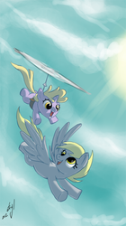 Size: 447x800 | Tagged: safe, artist:atryl, derpy hooves, dinky hooves, pegasus, pony, g4, cute, duo, equestria's best mother, female, flying, flying contraption, mare, mother and daughter, propeller