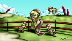 Size: 2000x1125 | Tagged: safe, artist:esuka, fluttershy, g4, cute, fence, floppy ears, frown, nervous, petting zoo, pointy ponidox, pointy ponies, pun, raised hoof, smiling, underhoof