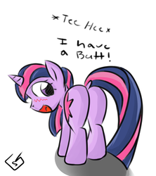 Size: 400x450 | Tagged: safe, artist:billysan727, twilight sparkle, pony, unicorn, g4, blushing, butt, butts, captain obvious, cute, dialogue, dock, female, mare, plot, raised tail, simple background, smiling, solo, teehee, twiabetes, twibutt, white background