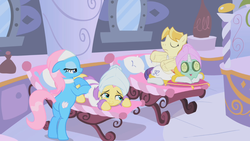 Size: 1920x1080 | Tagged: safe, screencap, fluttershy, lotus blossom, rarity, suave touch, earth pony, pony, unicorn, g4, green isn't your color, animation error, bipedal, butt, cucumber, lotus bottom, lotus butt, massage, mud mask, plot, spa