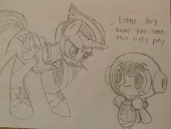 Size: 2592x1944 | Tagged: safe, twilight sparkle, alicorn, pony, g4, season 4, crossover, dig dug, female, hori susumu, lineart, mare, masked matter-horn costume, meme, mr. driller, namco, power ponies, speech, traditional art, twilight sparkle (alicorn)