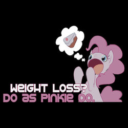 Size: 550x550 | Tagged: safe, artist:inlucidreverie, pinkie pie, g4, cake, clothes, female, graphic tee, pictogram, shirt, solo, text, thought bubble