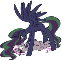 Size: 510x498 | Tagged: safe, artist:inlucidreverie, oc, oc only, oc:hired gun, oc:platinum haze, alicorn, cyborg, earth pony, pony, fallout equestria, fallout equestria: heroes, alicorn oc, amputee, artificial alicorn, blue alicorn (fo:e), blush lines, blushing, cybernetic legs, earth pony oc, eyepatch, looking at each other, looking at someone, lying down, monochrome, prosthetic eye, prosthetic leg, prosthetic limb, prosthetics, scar, simple background, sketch, spread wings, transparent background, wings