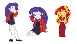 Size: 1676x967 | Tagged: safe, artist:carnifex, rarity, sunset shimmer, equestria girls, g4, clothes, cocktail dress, dress, lipstick, necktie, school tie, school uniform, schoolgirl, sweater, uniform, wink