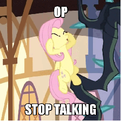 Size: 550x550 | Tagged: safe, edit, edited screencap, screencap, fluttershy, g4, princess twilight sparkle (episode), animated, dialogue, female, image macro, mare, meta, offscreen op, op, solo, text