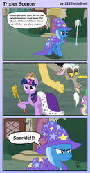 Size: 1552x2995 | Tagged: safe, artist:123turtleshell, discord, spike, trixie, twilight sparkle, alicorn, pony, g4, big crown thingy, cape, clothes, comic, element of magic, female, magic, mare, twilight scepter, twilight sparkle (alicorn)