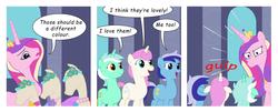 Size: 1024x415 | Tagged: safe, artist:t-brony, lyra heartstrings, minuette, queen chrysalis, twinkleshine, changeling, comic:friendship is tragic, g4, bridesmaid dress, clothes, comic, disguise, disguised changeling, dress, fake cadance, moondancer (tragic), scene interpretation