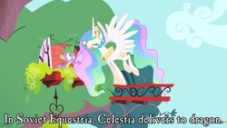 Size: 800x450 | Tagged: safe, edit, editor:wanderingpony, princess celestia, spike, g4, image macro, in soviet russia, meme, russian reversal, soviet