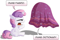 Size: 800x535 | Tagged: safe, artist:berrypawnch, sweetie belle, pony, unicorn, g4, the show stoppers, dictionary, dictionary belle, dumb fabric, everfree magic, fabric, female, magic, simple background, solo, speech bubble, transparent background