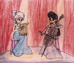 Size: 1024x877 | Tagged: safe, artist:twilight-changeling, lyra heartstrings, octavia melody, human, g4, cello, humanized, light skin, lyre, musical instrument, performance, traditional art