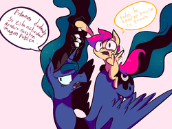 Size: 1280x960 | Tagged: safe, artist:spanish-scoot, princess luna, scootaloo, tumblr:preguntascootaloo, g4, ask, spanish, translated in the comments