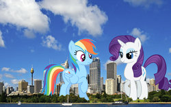 Size: 1024x640 | Tagged: safe, artist:anxet, artist:redpandapony, artist:theotterpony, rainbow dash, rarity, pony, g4, city, irl, macro, photo, ponies in real life, sydney