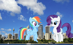 Size: 1024x640 | Tagged: safe, artist:anxet, artist:redpandapony, artist:theotterpony, rainbow dash, rarity, pony, g4, city, female, giantess, irl, macro, photo, ponies in real life, sydney