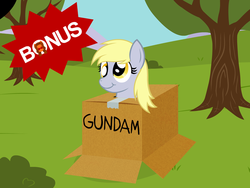 Size: 800x600 | Tagged: safe, artist:aha-mccoy, derpy hooves, pegasus, pony, g4, bonus, box, cardboard box, female, gundam, mare, pony in a box, solo, tree