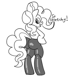 Size: 796x850 | Tagged: safe, artist:midnight-wizard, pinkie pie, earth pony, pony, g4, bipedal, butt, clothes, feels like i'm wearing nothing at all, female, large butt, latex, leggings, mare, monochrome, plot, solo, tights, wedgie