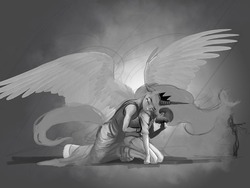 Size: 960x720 | Tagged: safe, artist:hattonslayden, princess luna, human, anthro, g4, comforting, crying, hug from behind, monochrome