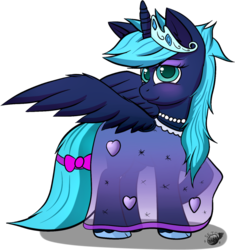 Size: 866x923 | Tagged: safe, artist:setonlr, oc, oc only, alicorn, pony, alicorn oc, beads, blushing, bow, clothes, crossdressing, dress, everfree network, eyeshadow, final draft, heart, male, necklace, see-through, shoes, solo, stallion, tiara, wat