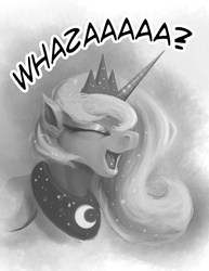Size: 612x792 | Tagged: safe, artist:hattonslayden, princess luna, g4, cute, eyes closed, female, monochrome, open mouth, smiling, solo, wassup
