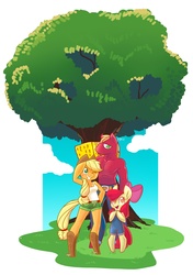 Size: 2108x3000 | Tagged: safe, artist:toxicunicorns, apple bloom, applejack, big macintosh, earth pony, anthro, g4, apple siblings, clothes, hay bale, topless, wink