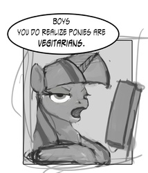 Size: 564x660 | Tagged: safe, artist:hattonslayden, twilight sparkle, pony, unicorn, book, female, frown, glare, grayscale, herbivore, leaning, lidded eyes, looking at you, mare, misspelling, monochrome, open mouth, simple background, sketch, solo, speech bubble, text, unamused, unicorn twilight, vegetarian, white background