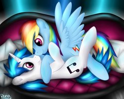 Size: 1000x800 | Tagged: safe, artist:puggie, dj pon-3, rainbow dash, vinyl scratch, pegasus, pony, unicorn, g4, couch, cuddling, female, lesbian, looking at each other, looking at someone, lying down, mare, nose to nose, on back, shipping, snuggling, vinyldash